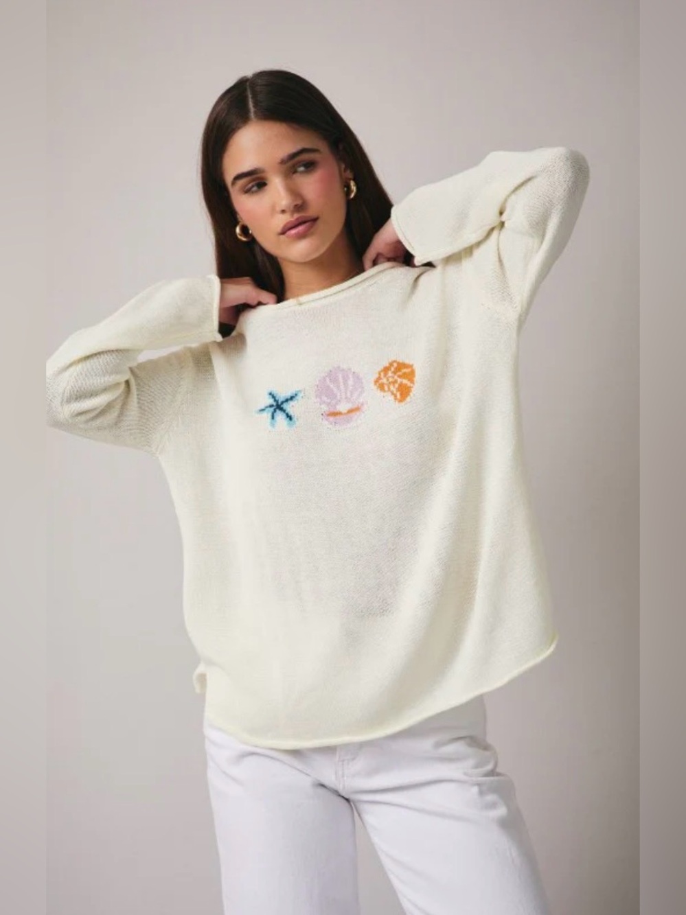 94 Cream Embroidered Seashell Sweater